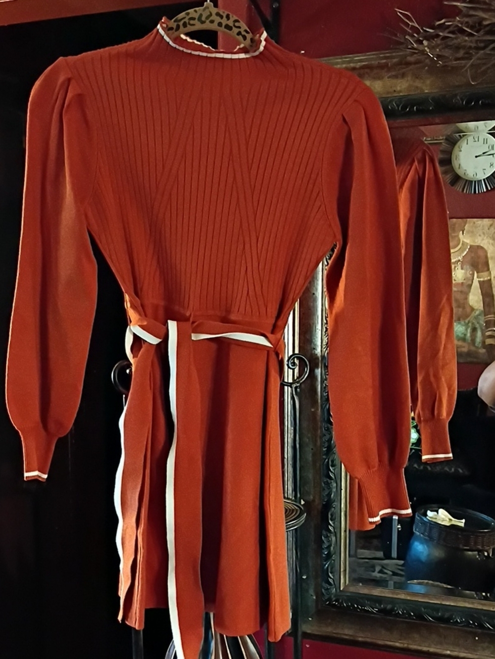 Rust Long-Sleeve Knit Sweater Dress with Waist Tie